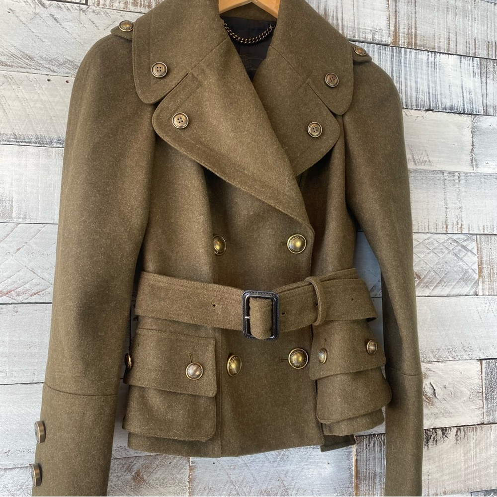 Burberry olive green double breasted and belted jacket with gold buttons size 4